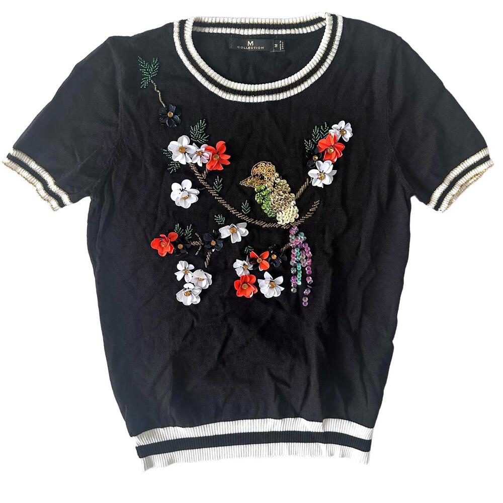 M Collection Black Women's Knit Top with Beaded Floral and Bird Design - M